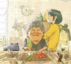 an older woman is cutting up vegetables on a kitchen counter while another woman looks on