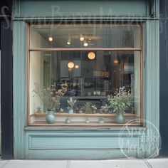 a store front window with vases and plants in the window sill, on a city street