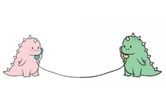 two cartoon dinosaurs are talking to each other while one is holding the cord with his ear