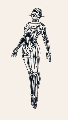 a black and white drawing of a woman in a body suit with her hands on her hips