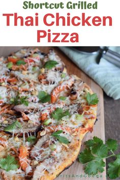 Chicken pizza on wooden cutting board with fresh cilantro sprigs. Grilled Chicken Pizza, Southern Backyard, Thai Pizza, Thai Chicken Pizza, Naan Bread Pizza, Southern Bbq, Cooking With Fresh Herbs, Southern Cooking Recipes, Chicken Grilled