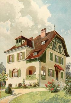 a painting of a house with green shutters on the front and red roof tops