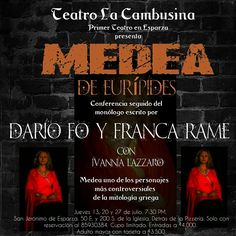 a poster for the event called medea de euripes, featuring two women in red