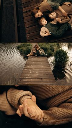 two people laying down on a wooden dock with their hands in each other's pockets