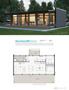 the floor plan for a small house with glass windows and doors, is shown in two different