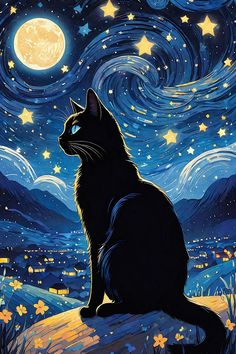 a black cat sitting on top of a hill under a night sky