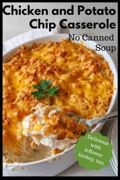 chicken and potato casserole with no canned soup is shown in a white bowl