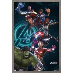 the avengers poster is shown in gold frame