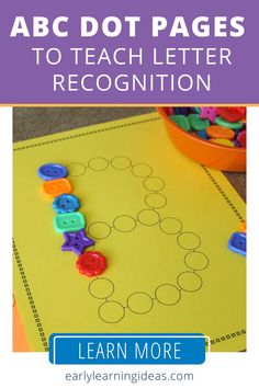 the abc dot pages to teach letter recognition is shown in front of a yellow sheet with colorful