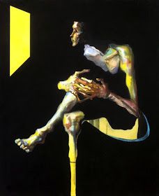 a painting of a man sitting on top of a pole with his legs spread out