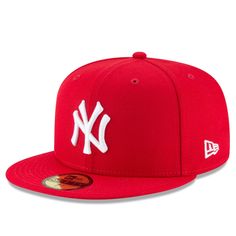 the new york yankees red and white 59fifty fitted - back hat is shown