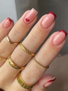 Multicolor  Collar   Color combinado Uñas de Color Embellished Minimalist Cute Nails, Short Red Nails With Heart, French Nail Polish Ideas, Minimal Nail Ideas Short, Minimalist Squoval Nails, Minimal Art Nails, Simple Nails Colorful, Vday Nails Valentines Day Simple, Thanks Giving Nails Simple