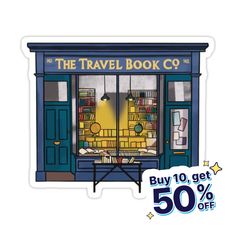 the travel book co sticker is shown with an image of a blue store front