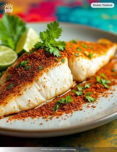 two fish fillets on a white plate with garnishes and limes