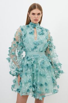 Floral Applique Woven Mini Dress Fancy Formal Dresses, Floral Formal Dress, Dress Sage, Wedding Outfit Ideas, Floral Dress Formal, Fashion Mood Board, Floral Applique, Karen Millen, Sleeve Detail