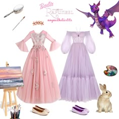 two dresses are shown in different colors and sizes, one is pink the other is purple