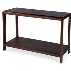 a wooden table with two shelves on each side and one shelf below it for storage