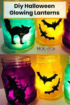 mason jars decorated with halloween glowers and bats on them, all painted in different colors