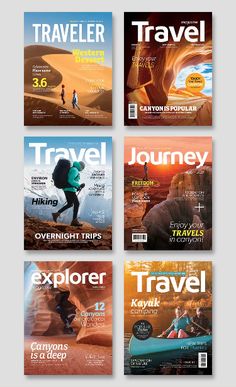 four travel magazines with different covers on them, each featuring an image of a man running