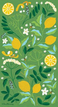 a green background with lemons, flowers and leaves