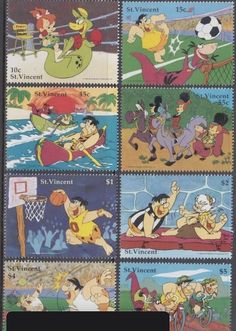 stamps with cartoon characters on them, including basketballs and other sports related items in different colors