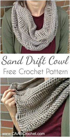 a woman wearing a gray knitted scarf with text that reads, sand drift cowl free crochet pattern