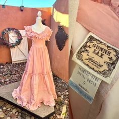 "Vintage 1970s dusty pink floor length dress made by Gunne Sax by Jessica San Francisco.  Very boho chic.  Starting at the top with ruffled shoulder straps that can be worn off shoulder (see pic #4).  Boned bodice in front, sides & back.  There are tie back sashes at waist.  Zips up the back.  Full maxi skirting has a wide ruffled hemline.  Very good vintage condition.  Made of 100% acetate in U.S.A.   Women's size 9 runs small. Please refer to further measurements: Shoulder to hem = 61\" Pit to pit = 15\" Waist = 13.5\" measured on 1 side while zipped & lying flat Hips = open to 22\" measured on 1 side." Pink Floor Length Dress, Boho Chic Maxi Dress, Funky Fits, Stepford Wives, Fashion Show Ideas, Chic Maxi Dress, Maxi Dress Boho Chic, Pink Floor, Style Roots