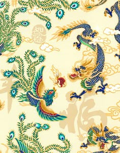 Asian Dragon Art, Asian Dragon Wallpaper, Chinese Dragon Pattern, Chinese Dragon And Phoenix Art, Chinese Phoenix Embroidery, Chinese Golden Dragon, Feng Shui Animals, Phoenix Painting, Dragon Phoenix