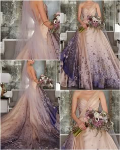 four different pictures of a woman in a wedding dress with flowers on her bouquet and veil