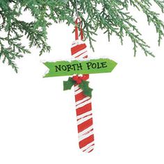 a christmas ornament hanging from a tree with a sign that says north pole