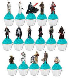 star wars cupcakes with blue frosting are arranged in the shape of characters