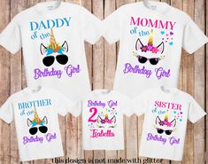 three matching birthday shirts with unicorns and sunglasses on them, including the number two