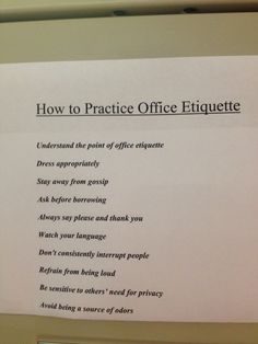 a piece of paper with instructions on how to practice office etiquette