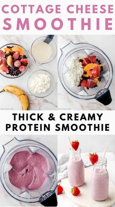 three different smoothies are shown with strawberries and bananas