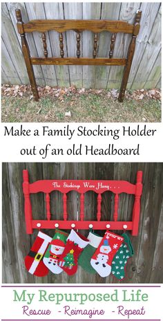 an old wooden bench with stockings hanging from it and the words make a family stocking holder out of an old headboard