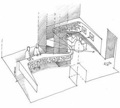 a drawing of a kitchen with sink and countertop, as well as two people in it