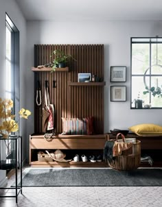 a wooden bench sitting next to a window in a living room filled with lots of furniture