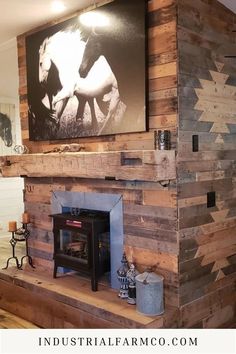 the fireplace is made out of pallet wood and has a horse painting on it