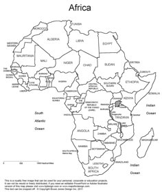 the map of africa with countries labeled in black and white