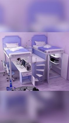 two beds in a room with purple walls and white desks on the opposite side