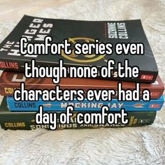 three books stacked on top of each other with the words comfort series even though none of the characters ever had a day of comfort