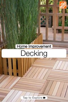 a wooden deck with bamboo planters on it and the words home improvement deking