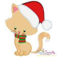 a cat wearing a santa hat with a scarf on it's neck and tail