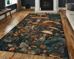 a living room area rug with mushrooms and leaves on it