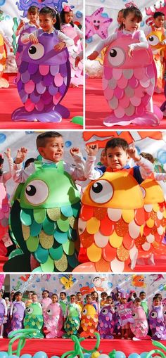 children in colorful costumes are posing for pictures with an owl costume on the front and back