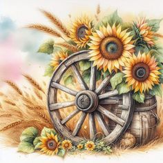 a painting of sunflowers and an old wagon