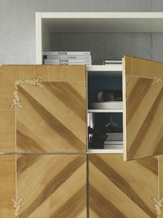 a wooden cabinet with two doors and some books