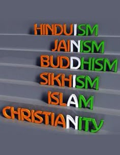 the words hindu, judaism, buddha, skim, islam, and christianity are arranged in 3d letters