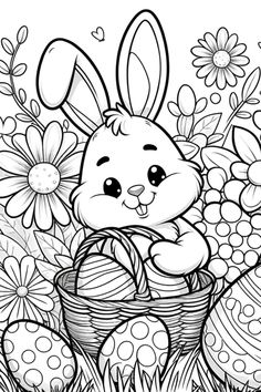 an easter bunny sitting in a basket with eggs and daisies on the ground, surrounded by flowers