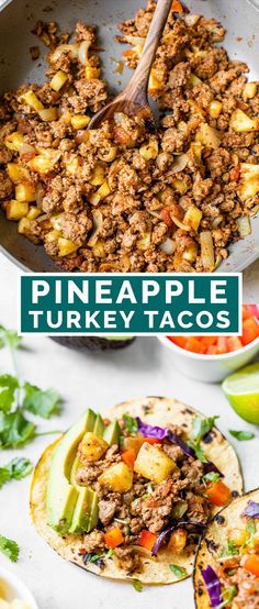 pineapple turkey tacos with avocado salsa in the background and text overlay that reads pineapple turkey tacos